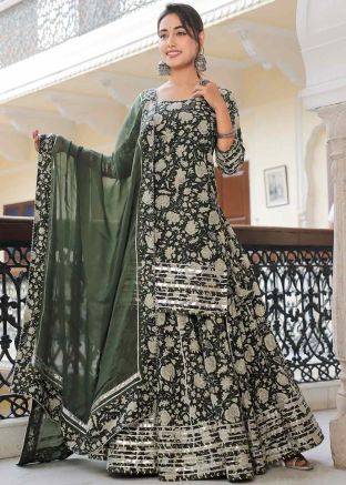 Dusty Green Readymade Printed Cotton Kurti Style Lehenga