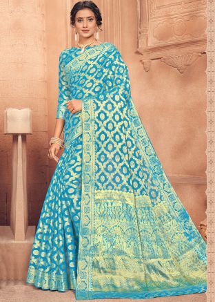 Blue Silk Sari With Heavy Embroidered Blouse