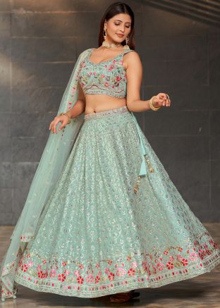 Sky Blue Embroidered Lehenga Choli In Georgette
