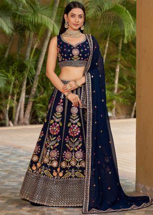 Blue Georgette Lehenga Choli In Thread Embroidery