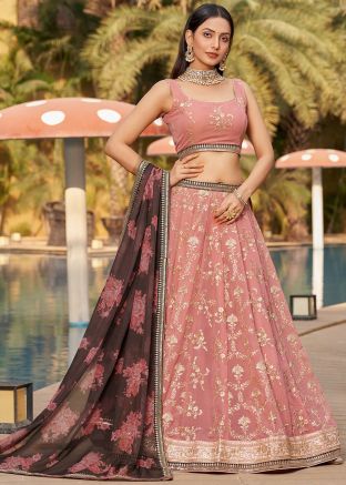 Peach Embroidered Georgette Lehenga Choli