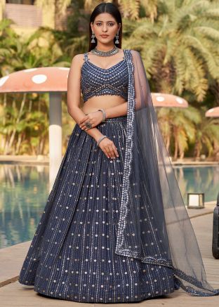 Blue Embroidered Lehenga Choli In Georgette