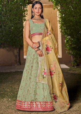 Pastel Green Embroidered Georgette Lehenga Set