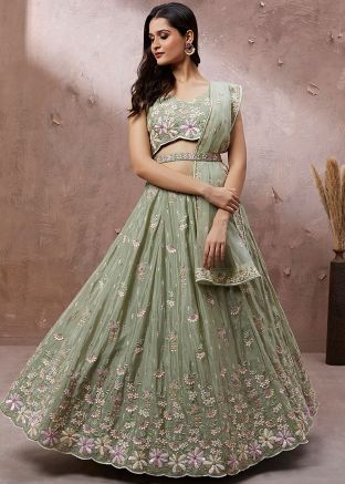 Sage Green Embroidered Georgette Lehenga Choli Set