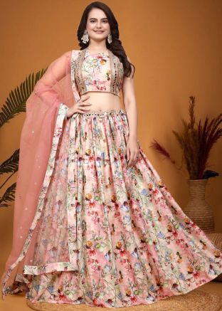 Peach Digital Printed Lehenga Choli In Crape