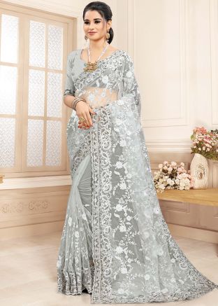 Stone Embellished Grey Saree With Heavy Pallu