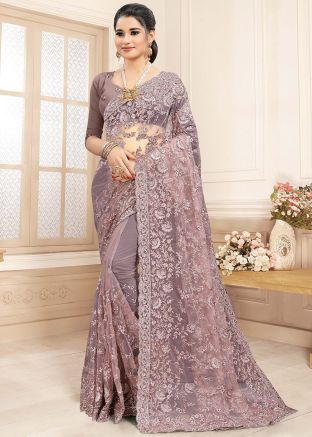 Embroidered Heavy Pallu Purple Saree In Net