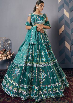 Teal Blue Embroidered Silk Lehenga Choli
