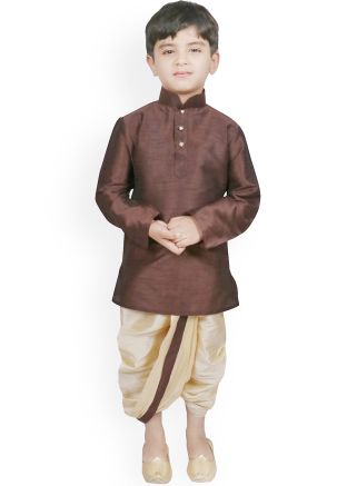 Brown Readymade Plain Dhoti Kurta In Dupion Silk