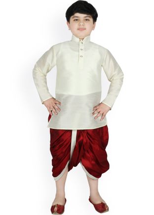 Readymade Kids Dupion Silk Dhoti Kurta In White
