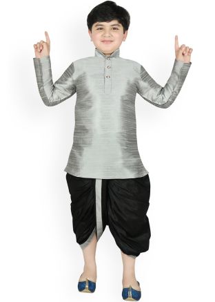 Grey Readymade Kids Dhoti Kurta In Dupion Silk