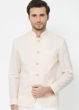 Readymade Linen Bandhgala Jodhpuri Jacket In Cream