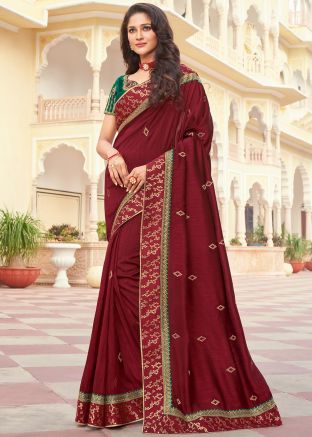 Maroon Heavy Border Embroidered Saree In Jute
