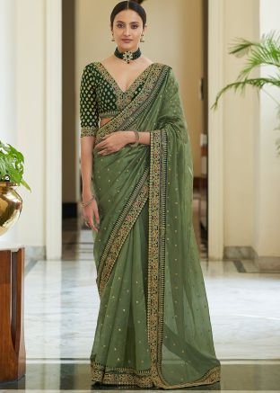 Green Heavy Border Wedding Organza Saree