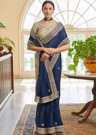 Blue Zari Embroidered Saree In Organza