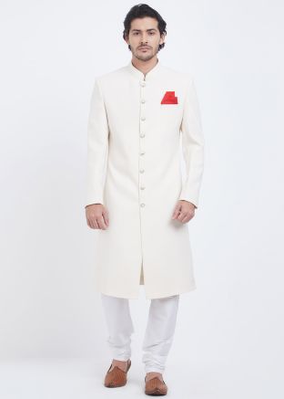 White Art Silk Readymade Achkan Sherwani