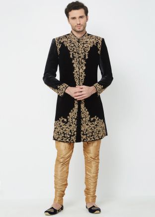 Buy Designer Black Velvet Readymade Sherwani For Men Online