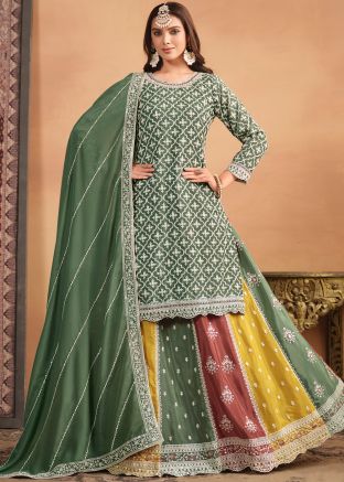 Green Embroidered Chiffon Kurti Style Lehenga Choli