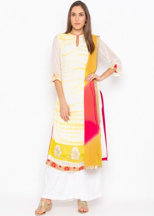 White Yellow Tie-Dye Print Readymade Palazzo Suit