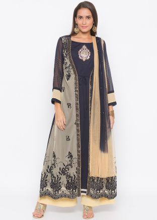 Navy Blue Jacket Style Readymade Palazzo Suit