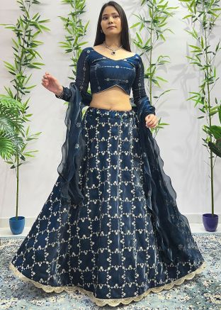 Blue Readymade Embroidered Organza Lehenga Choli
