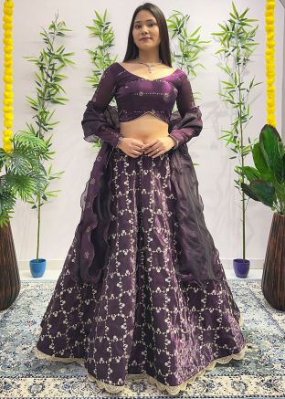 Wine Readymade Embroidered Lehenga Choli In Organza