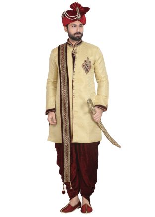 Readymade Light Yellow Sherwani In Art Silk