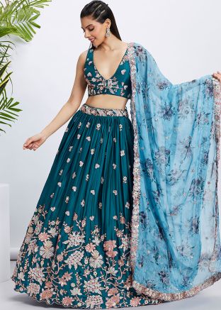Teal Blue Embroidered Lehenga Choli In Georgette