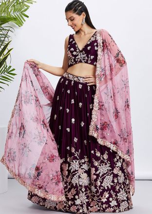 Wine Embroidered Georgette Lehenga Choli