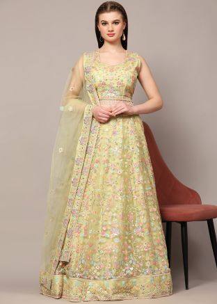 Yellow Embroidered Readymade Net Lehenga Choli
