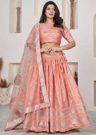 Peach Embroidered Lehenga Choli In Jacquard