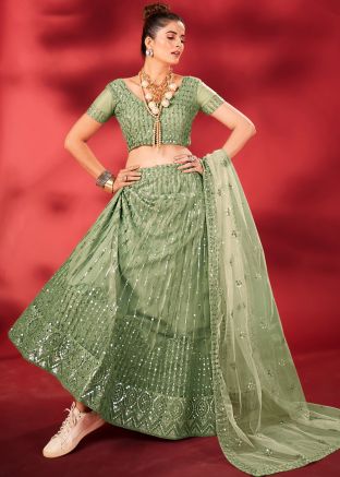 Green Embroidered Lehenga Choli In Net