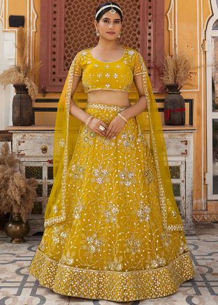 Yellow Embroidered Lehenga Choli In Net