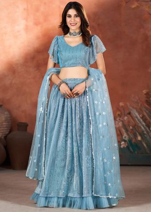 Blue Embroidered Lehenga Choli In Net