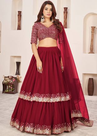 Wine Embroidered Lehenga Choli In Georgette