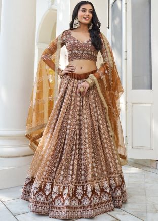 Brown Embroidered Net Lehenga Choli