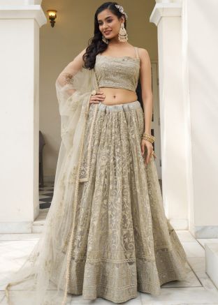 Grey Thread Embroidered Lehenga Choli In Net
