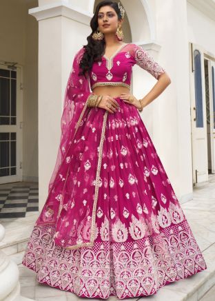 Pink Net Lehenga Choli In Thread Embroidery