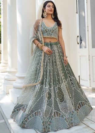 Dusty Green Embroidered Net Lehenga Choli