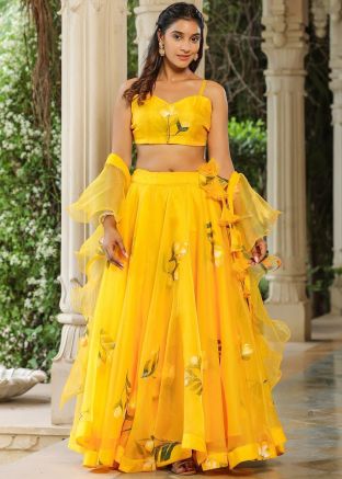 Yellow Organza Printed Readymade Lehenga Choli