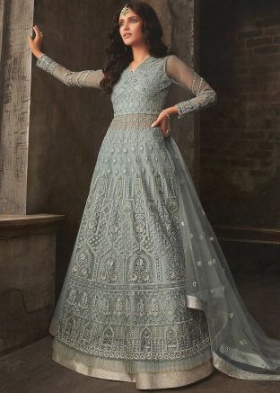 Blue Embroidered Net Kurti Style Lehenga