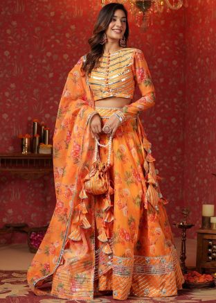 Orange Floral Printed Organza Lehenga Choli
