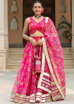 Pink Floral Printed Lehenga Choli In Organza