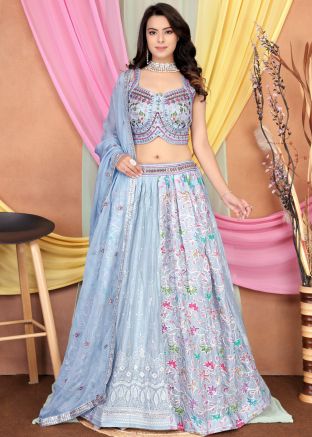 Readymade Blue Embroidered Lehenga Choli In Chiffon