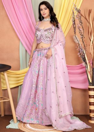 Pink Embroidered Chiffon Lehenga Choli Set