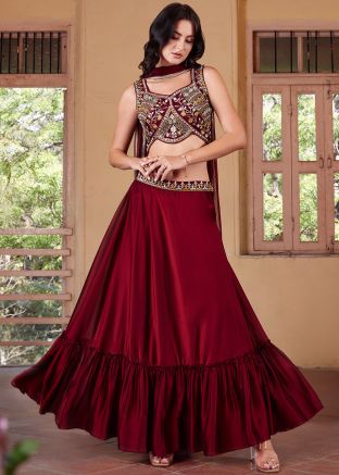 Maroon Embroidered Tiered Lehenga Choli Set