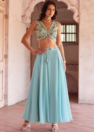 Blue Embroidered Lehenga Choli In Georgette