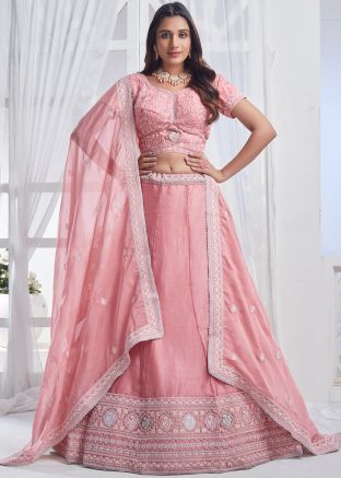 Coral Pink Embroidered Lehenga Choli Set