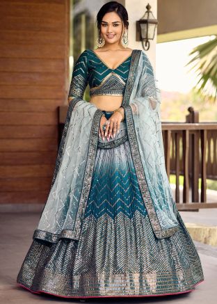 Shaded Teal Blue Embroidered Chiffon Lehenga Choli