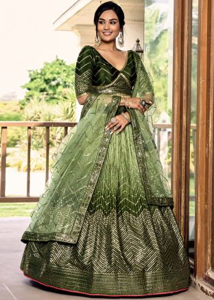 Shaded Green Sequins Embroidered Lehenga Choli